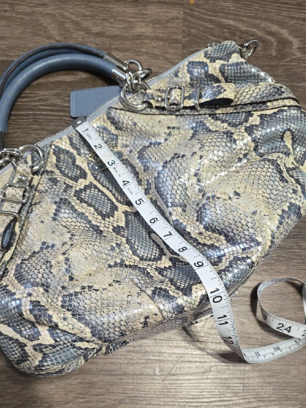 Coach Blue and Cream Snake-Print Leather Satchel with Silver Hardware - Picture 11 of 11